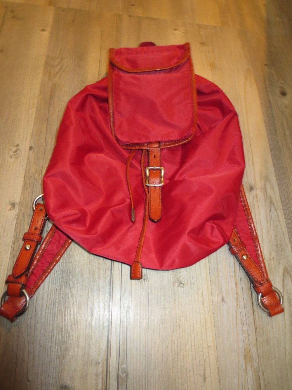 Mafia Design Backpack Handbag Red Nylon Brown Leather Silver Hardware